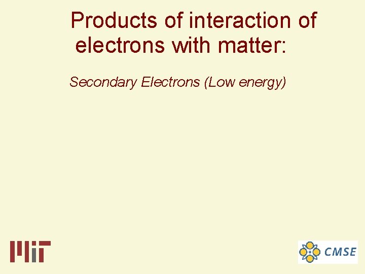 Products of interaction of electrons with matter: Secondary Electrons (Low energy) 