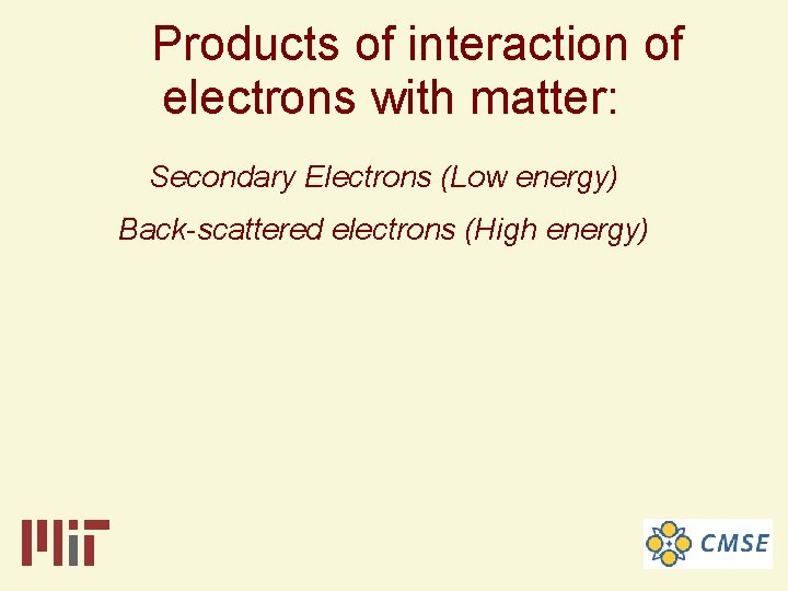 Products of interaction of electrons with matter: Secondary Electrons (Low energy) Back-scattered electrons (High