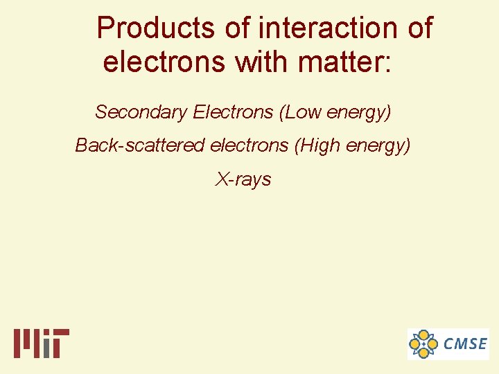 Products of interaction of electrons with matter: Secondary Electrons (Low energy) Back-scattered electrons (High Products of interaction of electrons with matter: Secondary Electrons (Low energy) Back-scattered electrons (High