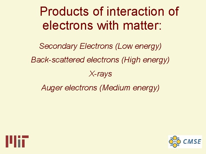 Products of interaction of electrons with matter: Secondary Electrons (Low energy) Back-scattered electrons (High Products of interaction of electrons with matter: Secondary Electrons (Low energy) Back-scattered electrons (High