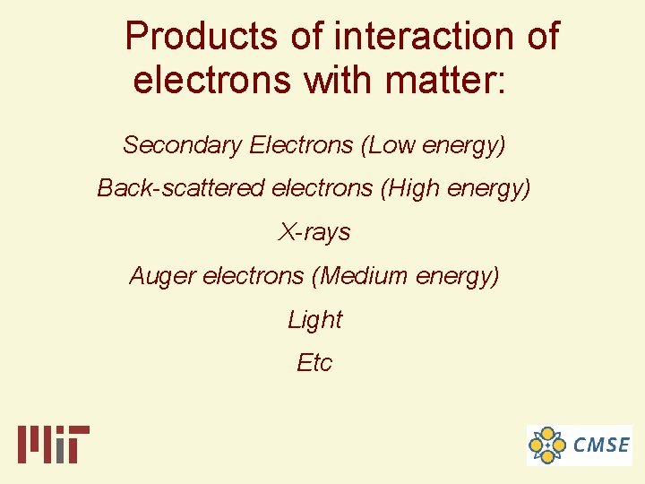 Products of interaction of electrons with matter: Secondary Electrons (Low energy) Back-scattered electrons (High