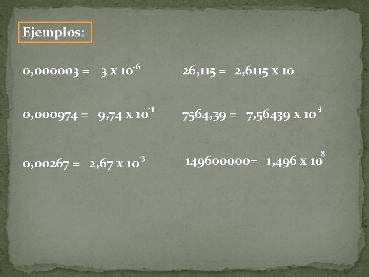 Ejemplos: 26, 115 = 2, 6115 x 10 0, 000003 = 3 x 10