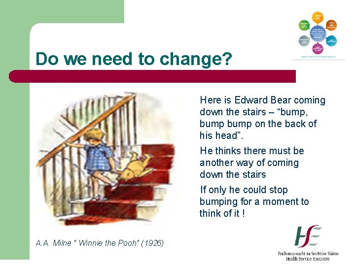 Do we need to change? Here is Edward Bear coming down the stairs –
