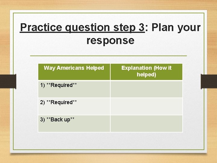 Practice question step 3: Plan your response Way Americans Helped 1) **Required** 2) **Required**