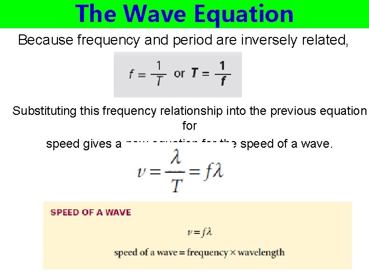 The Wave Equation Because frequency and period are inversely related, Substituting this frequency relationship