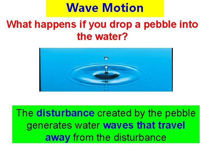 Wave Motion What happens if you drop a pebble into the water? The disturbance