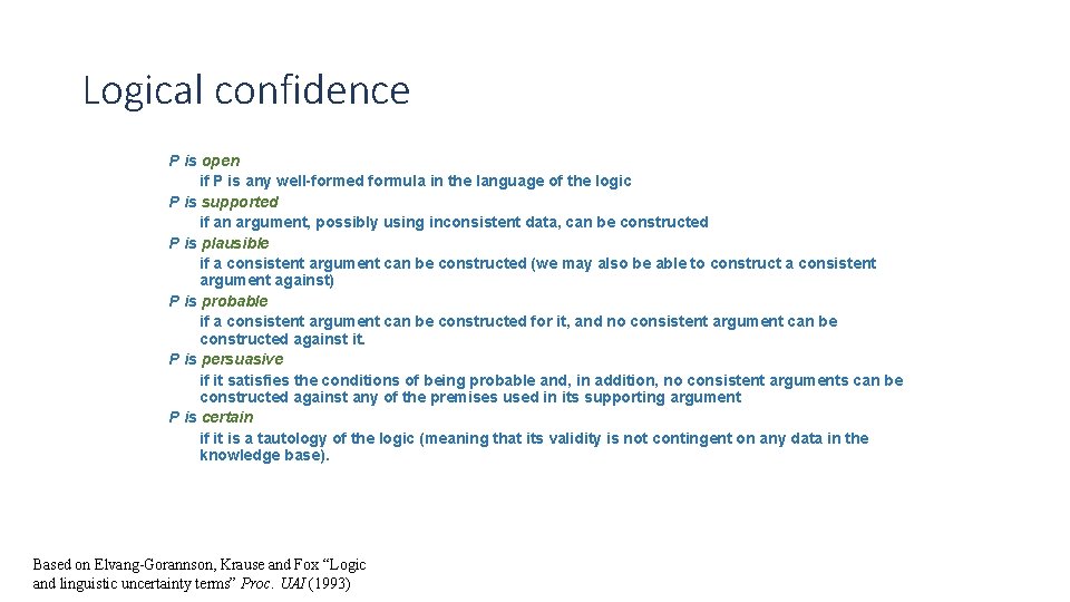 Logical confidence P is open if P is any well-formed formula in the language Logical confidence P is open if P is any well-formed formula in the language