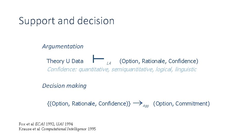 Support and decision Argumentation Theory U Data LA (Option, Rationale, Confidence) Confidence: quantitative, semiquantitative, Support and decision Argumentation Theory U Data LA (Option, Rationale, Confidence) Confidence: quantitative, semiquantitative,