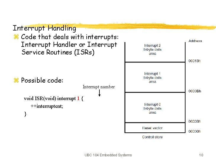 Interrupt Handling z Code that deals with interrupts: Interrupt Handler or Interrupt Service Routines