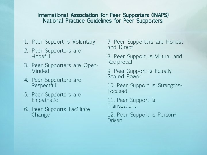 International Association for Peer Supporters (INAPS) National Practice Guidelines for Peer Supporters: 1. Peer