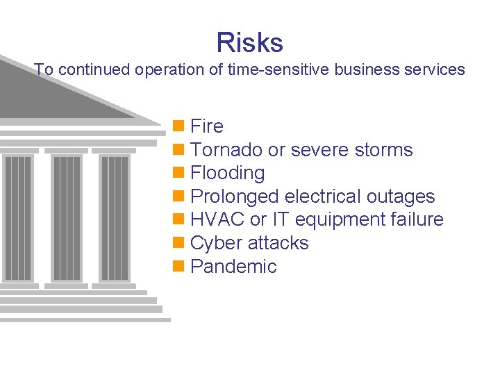 Risks To continued operation of time-sensitive business services n Fire n Tornado or severe