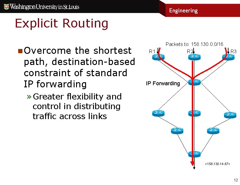 Explicit Routing n Overcome the shortest path, destination-based constraint of standard IP forwarding Packets