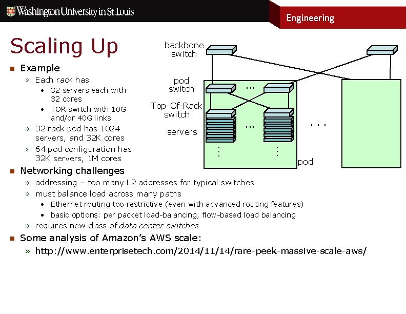 Scaling Up n Example » Each rack has pod switch . . . Top-Of-Rack