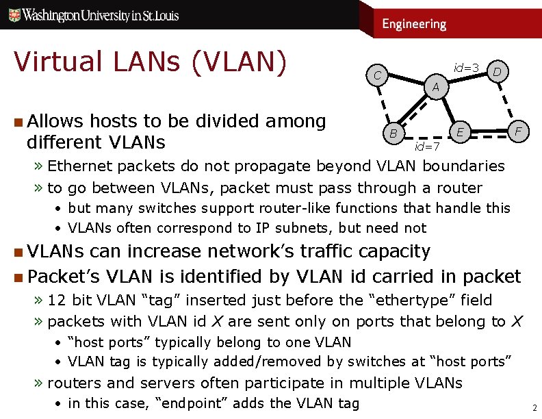 Virtual LANs (VLAN) n Allows hosts to be divided among different VLANs id=3 C