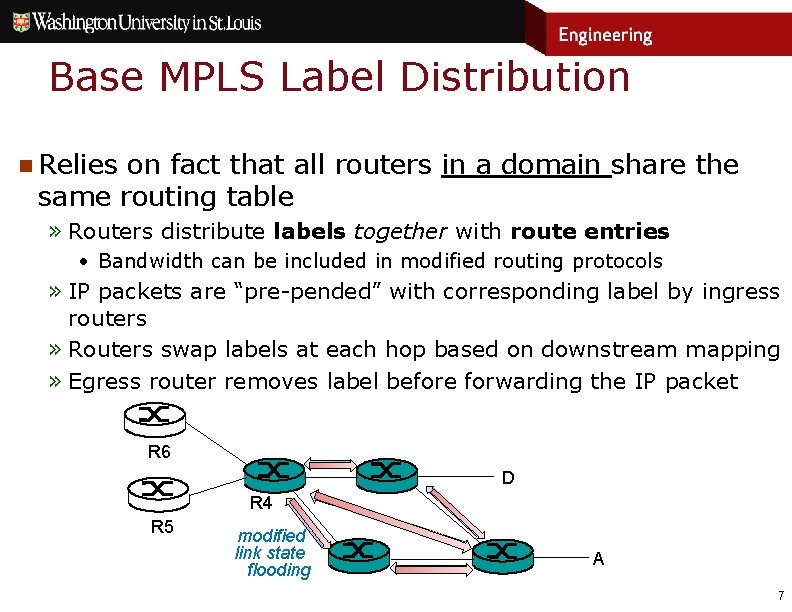 Base MPLS Label Distribution n Relies on fact that all routers in a domain
