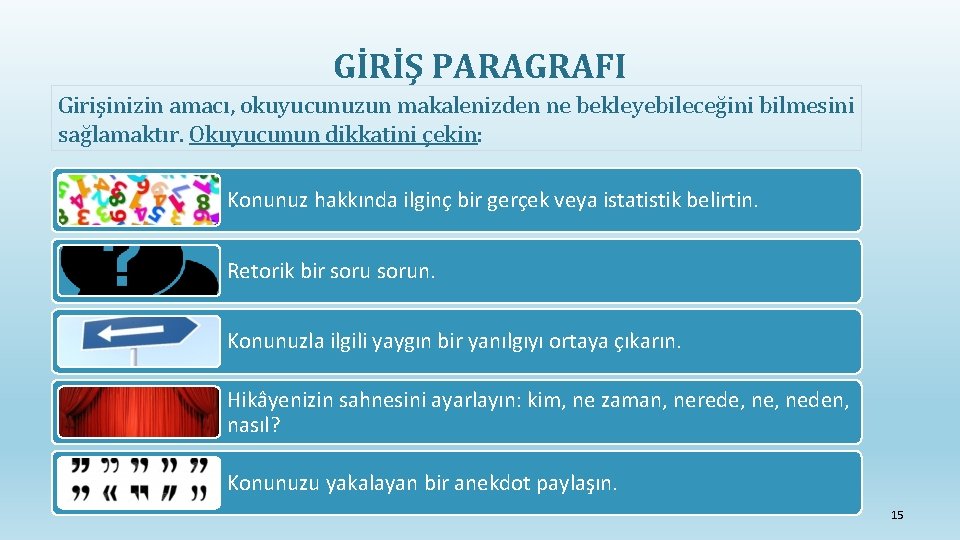 GİRİŞ PARAGRAFI Girişinizin amacı, okuyucunuzun makalenizden ne bekleyebileceğini bilmesini sağlamaktır. Okuyucunun dikkatini çekin: Konunuz