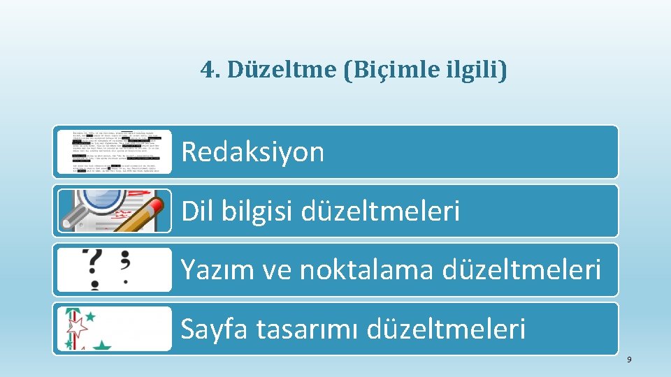 4. Düzeltme (Biçimle ilgili) Redaksiyon Dil bilgisi düzeltmeleri Yazım ve noktalama düzeltmeleri Sayfa tasarımı