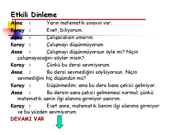 Etkili Dinleme Anne : Yarın matematik sınavın var. Koray : Evet, biliyorum. Anne :