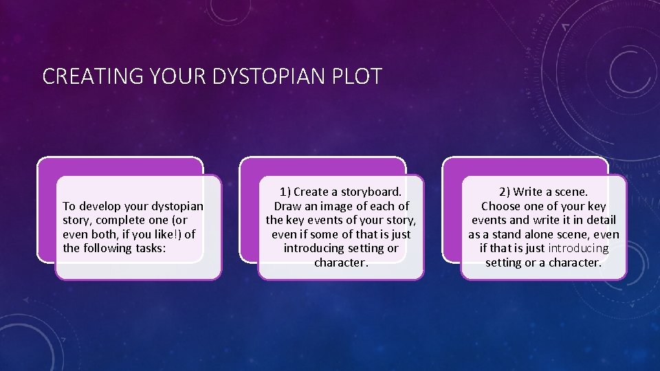 CREATING YOUR DYSTOPIAN PLOT To develop your dystopian story, complete one (or even both,