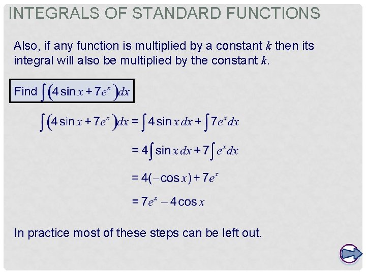 INTEGRALS OF STANDARD FUNCTIONS Also, if any function is multiplied by a constant k