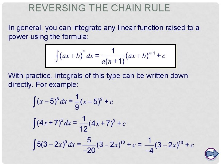 REVERSING THE CHAIN RULE In general, you can integrate any linear function raised to