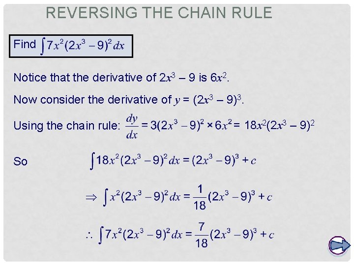 REVERSING THE CHAIN RULE Find . Notice that the derivative of 2 x 3