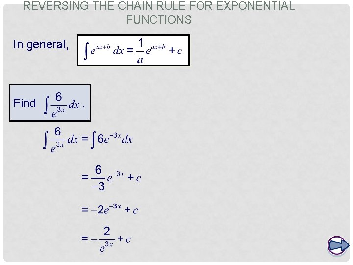 REVERSING THE CHAIN RULE FOR EXPONENTIAL FUNCTIONS In general, Find . 