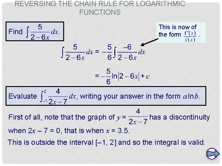 REVERSING THE CHAIN RULE FOR LOGARITHMIC FUNCTIONS Find Evaluate This is now of the