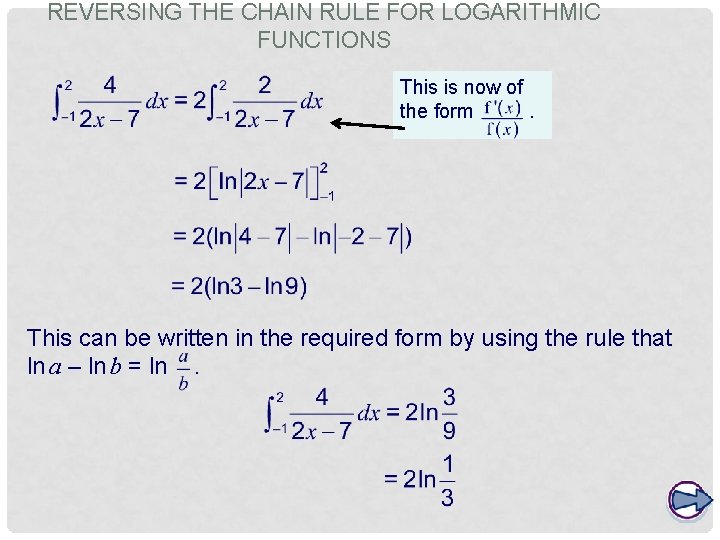 REVERSING THE CHAIN RULE FOR LOGARITHMIC FUNCTIONS This is now of the form. This