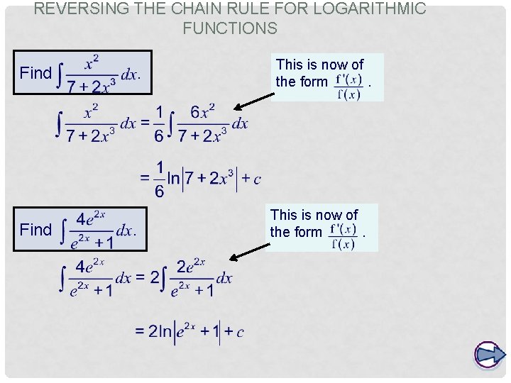 REVERSING THE CHAIN RULE FOR LOGARITHMIC FUNCTIONS Find . . This is now of