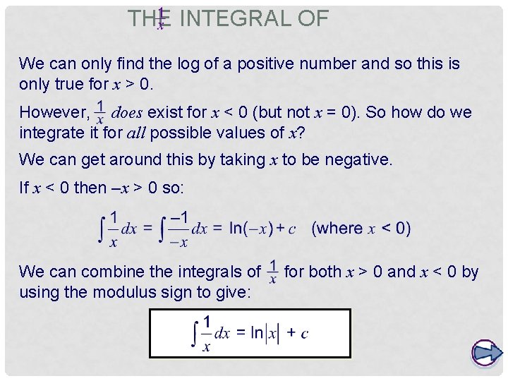 THE INTEGRAL OF We can only find the log of a positive number and