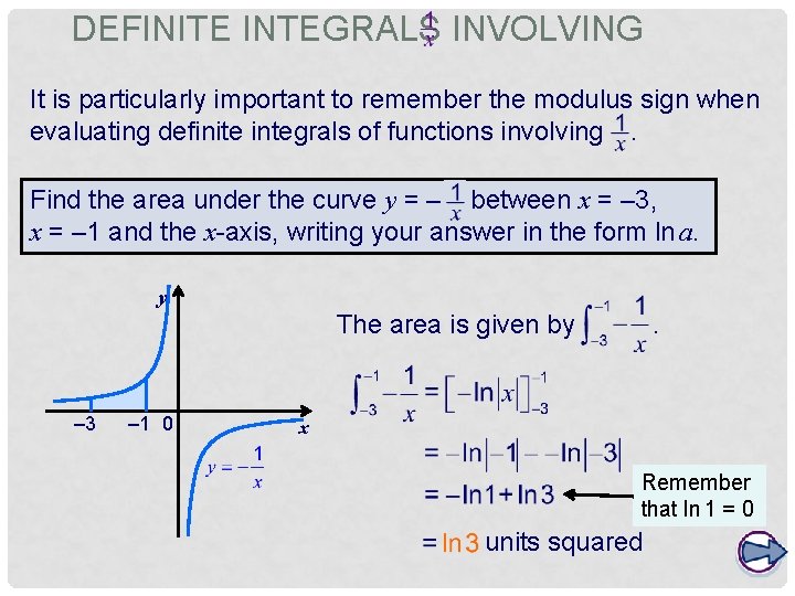 DEFINITE INTEGRALS INVOLVING It is particularly important to remember the modulus sign when evaluating