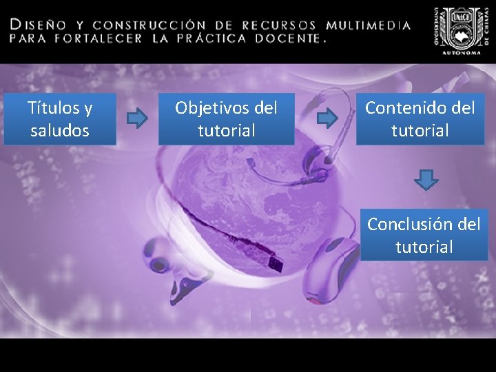 Títulos y saludos Objetivos del tutorial Contenido del tutorial Conclusión del tutorial 