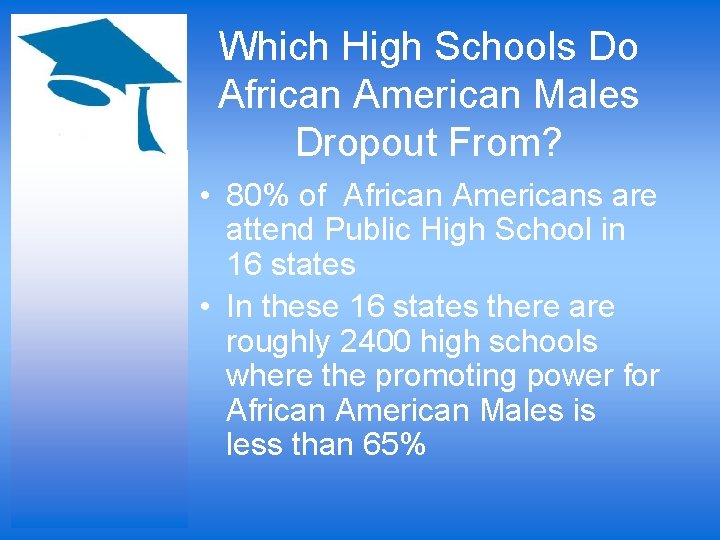 Which High Schools Do African American Males Dropout From? • 80% of African Americans