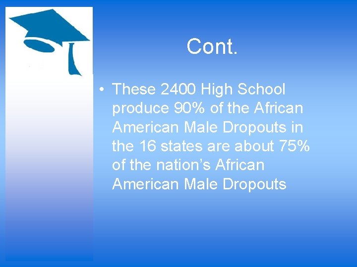 Cont. • These 2400 High School produce 90% of the African American Male Dropouts