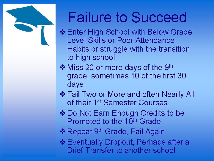 Failure to Succeed v Enter High School with Below Grade Level Skills or Poor