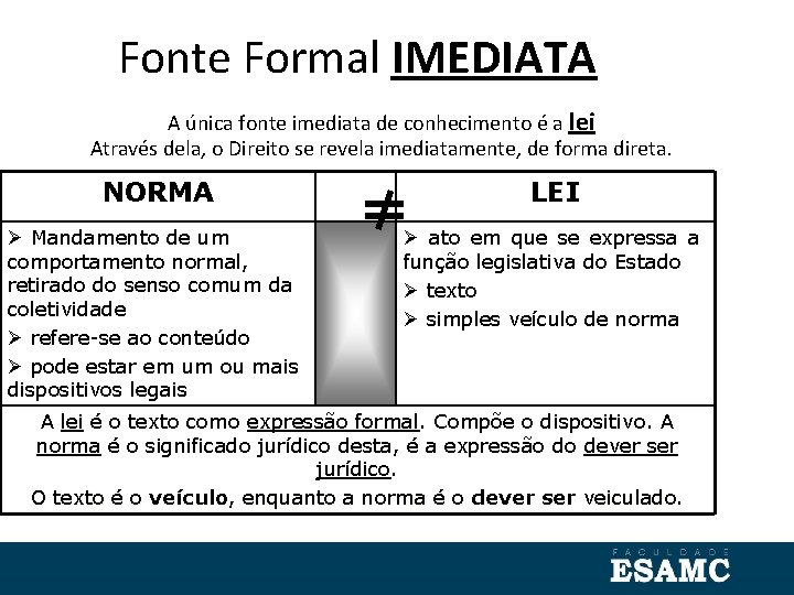 Fonte Formal IMEDIATA A única fonte imediata de conhecimento é a lei Através dela,