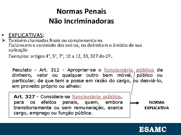 Normas Penais Não Incriminadoras • EXPLICATIVAS: Também chamadas finais ou complementares Esclarecem o conteúdo