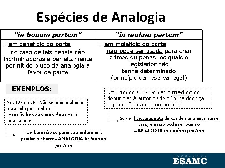 Espécies de Analogia “in bonam partem” = em benefício da parte no caso de