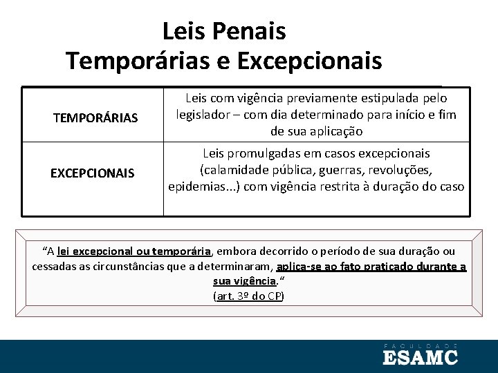 Leis Penais Temporárias e Excepcionais TEMPORÁRIAS Leis com vigência previamente estipulada pelo legislador –