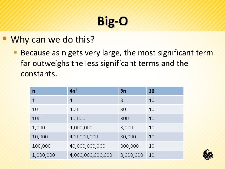 Big-O § Why can we do this? § Because as n gets very large,