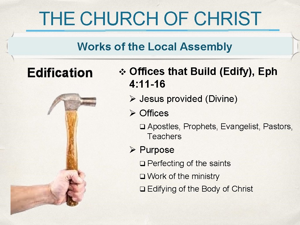 THE CHURCH OF CHRIST Works of the Local Assembly Edification v Offices that Build THE CHURCH OF CHRIST Works of the Local Assembly Edification v Offices that Build