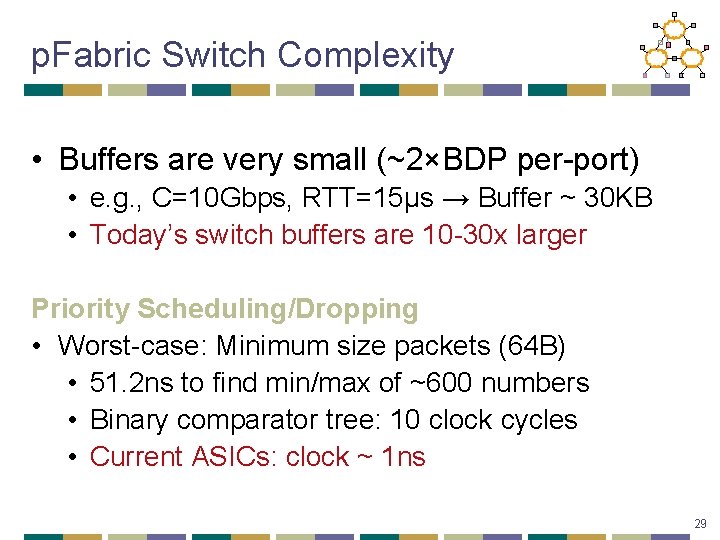 p. Fabric Switch Complexity • Buffers are very small (~2×BDP per-port) • e. g.
