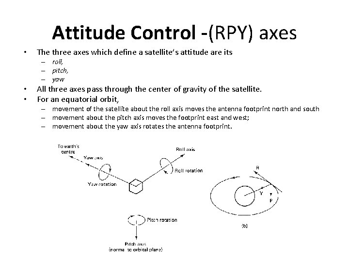 Attitude Control -(RPY) axes • The three axes which define a satellite’s attitude are