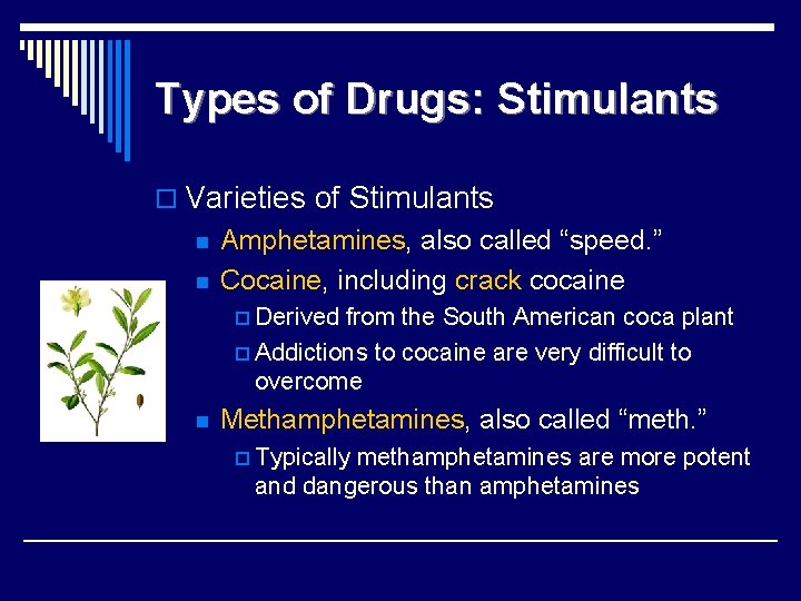 Types of Drugs: Stimulants o Varieties of Stimulants n n Amphetamines, also called “speed.