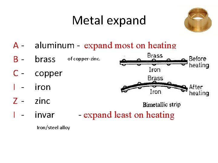 Metal expand ABCI ZI - aluminum - expand most on heating brass of copper-zinc.