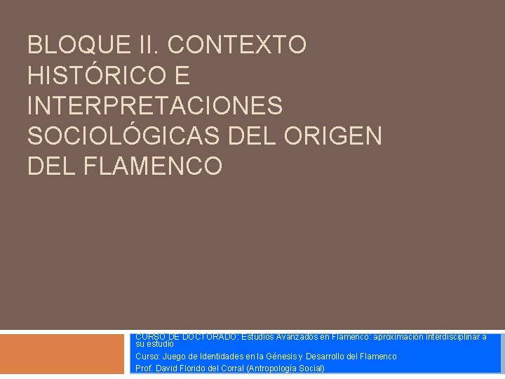 BLOQUE II. CONTEXTO HISTÓRICO E INTERPRETACIONES SOCIOLÓGICAS DEL ORIGEN DEL FLAMENCO CURSO DE DOCTORADO: