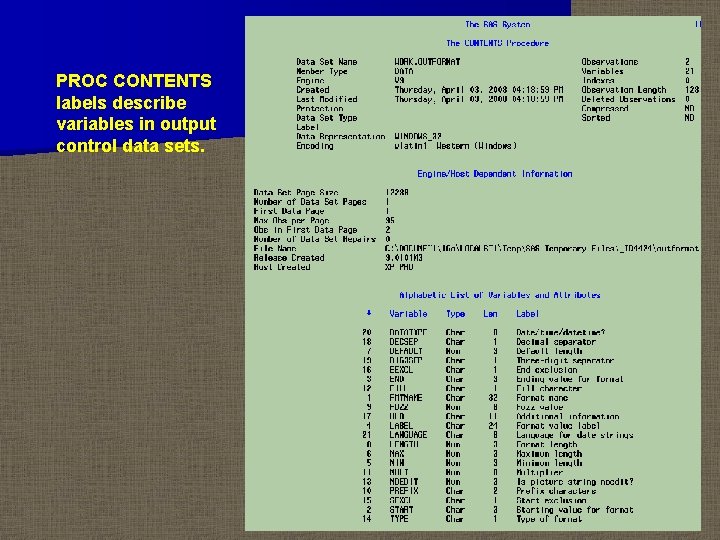 PROC CONTENTS labels describe variables in output control data sets. 