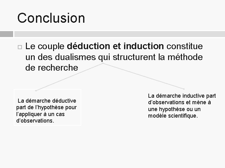 Conclusion Le couple déduction et induction constitue un des dualismes qui structurent la méthode