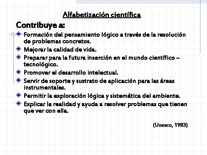 Alfabetización científica Contribuye a: Formación del pensamiento lógico a través de la resolución de